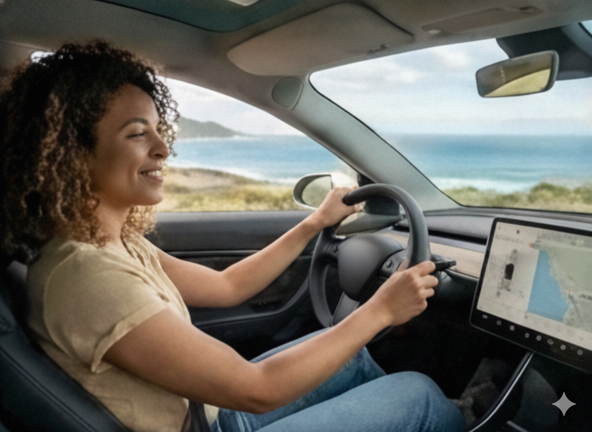 Conductrice sereine au volant d'un véhicule électrique